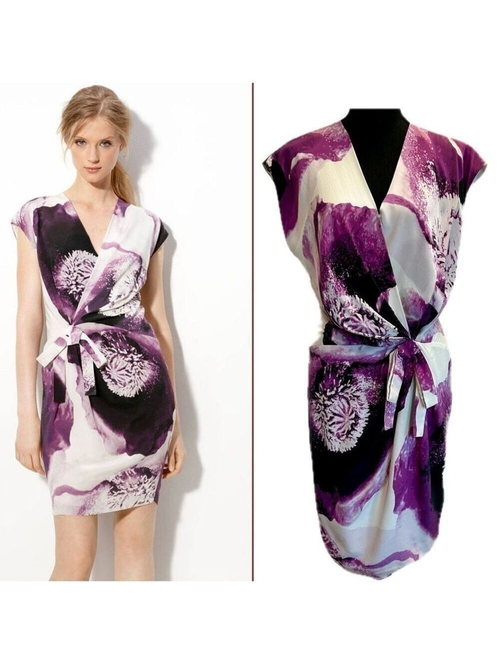 Robert Rodriguez purple ivory Clematis floral Print Silk cap sleeve wrap Dress 8
